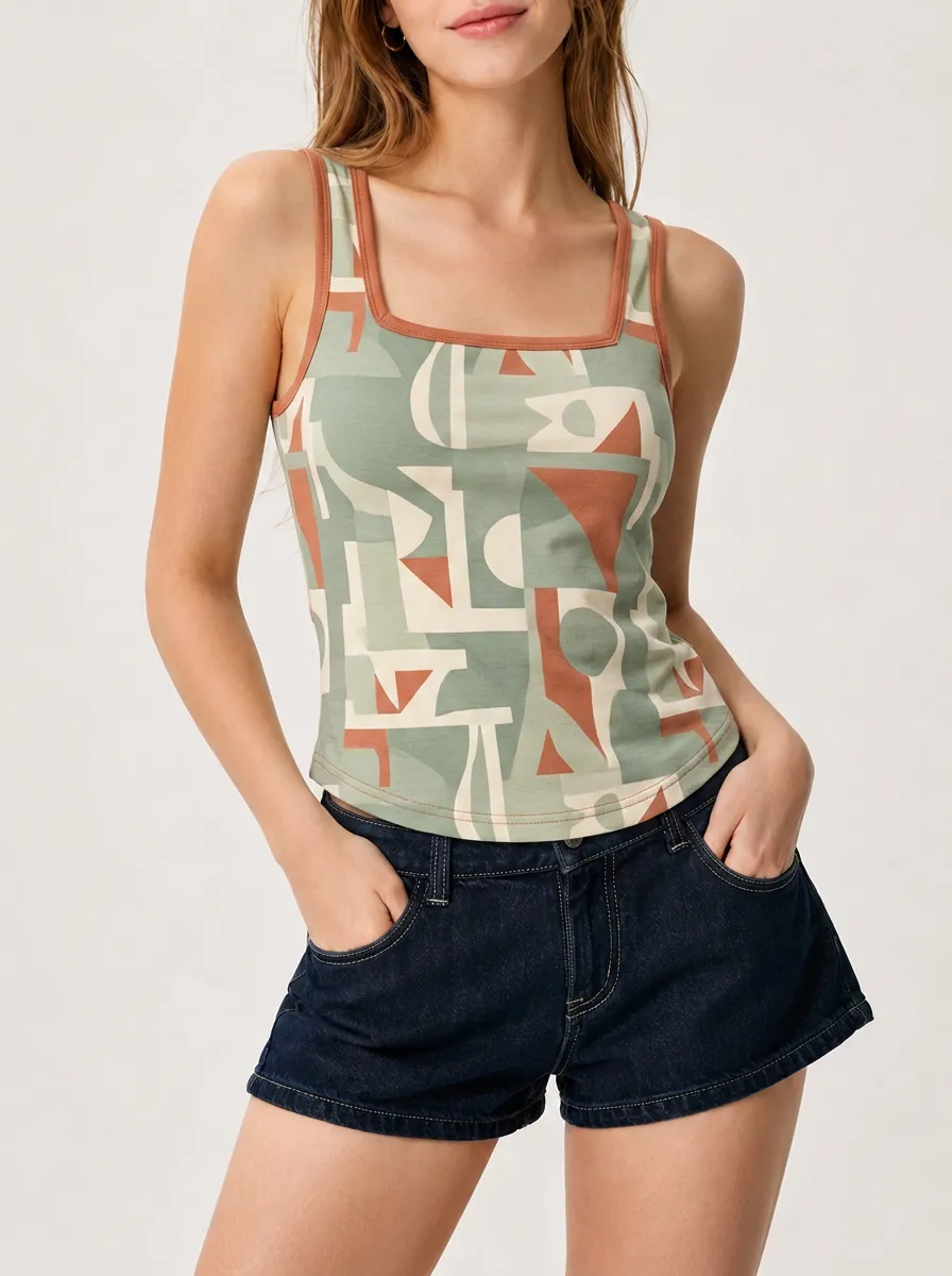 Women's Abstract Geometric Pattern Printed Square Neck Tank Top