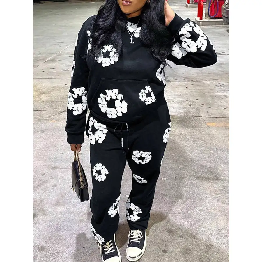 Printed Long Sleeve Hoodie and Pants Set
