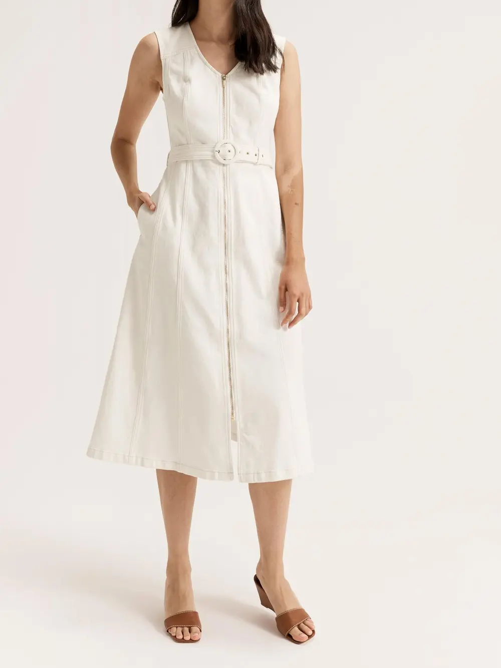 Denim Zip Patch Pocket Midi Dresses
