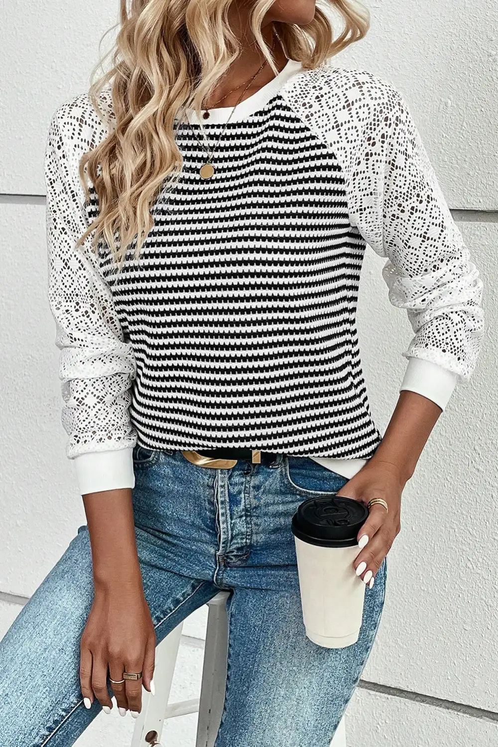 Women's Striped Textured Knit Lace Top