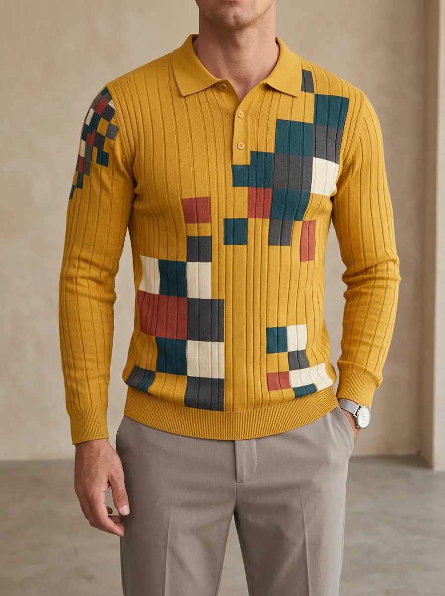 Men's Geometric Colorblock Printed Long Sleeve Polo Shirt