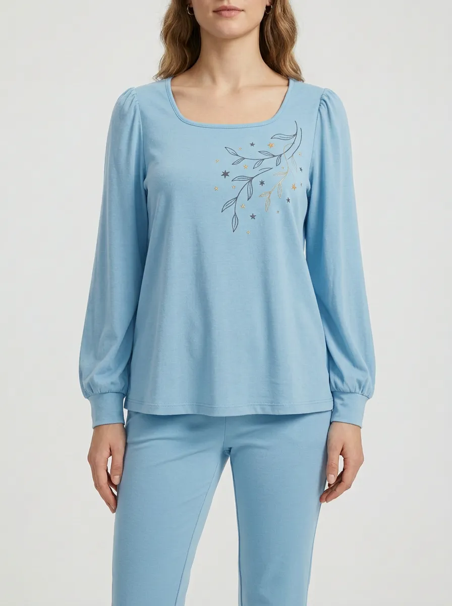 Women's Star-Embroidered Square-Neck Long-Sleeve Top