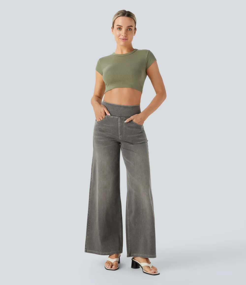 2026🔥  High Waisted Multiple Pockets Baggy Wide Leg Washed Stretchy Knit Casual Jeans