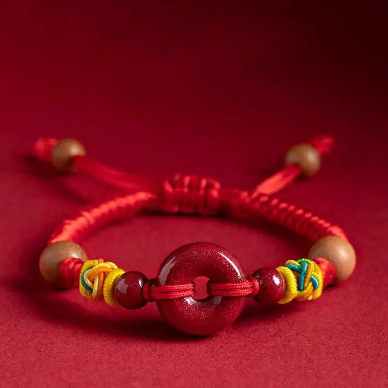 String Peach Wood Buckle Cinnabar Adult Kid Bracelet
