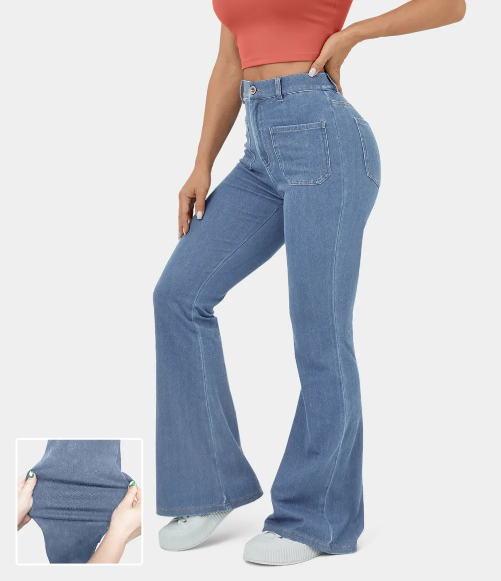 Magic High Waisted Button Pockets Stretchy Knit Casual Flare Jeans
