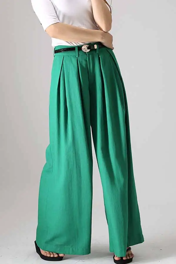 Tailored Linen Cotton Palazzo Wide Leg Belted Trousers
