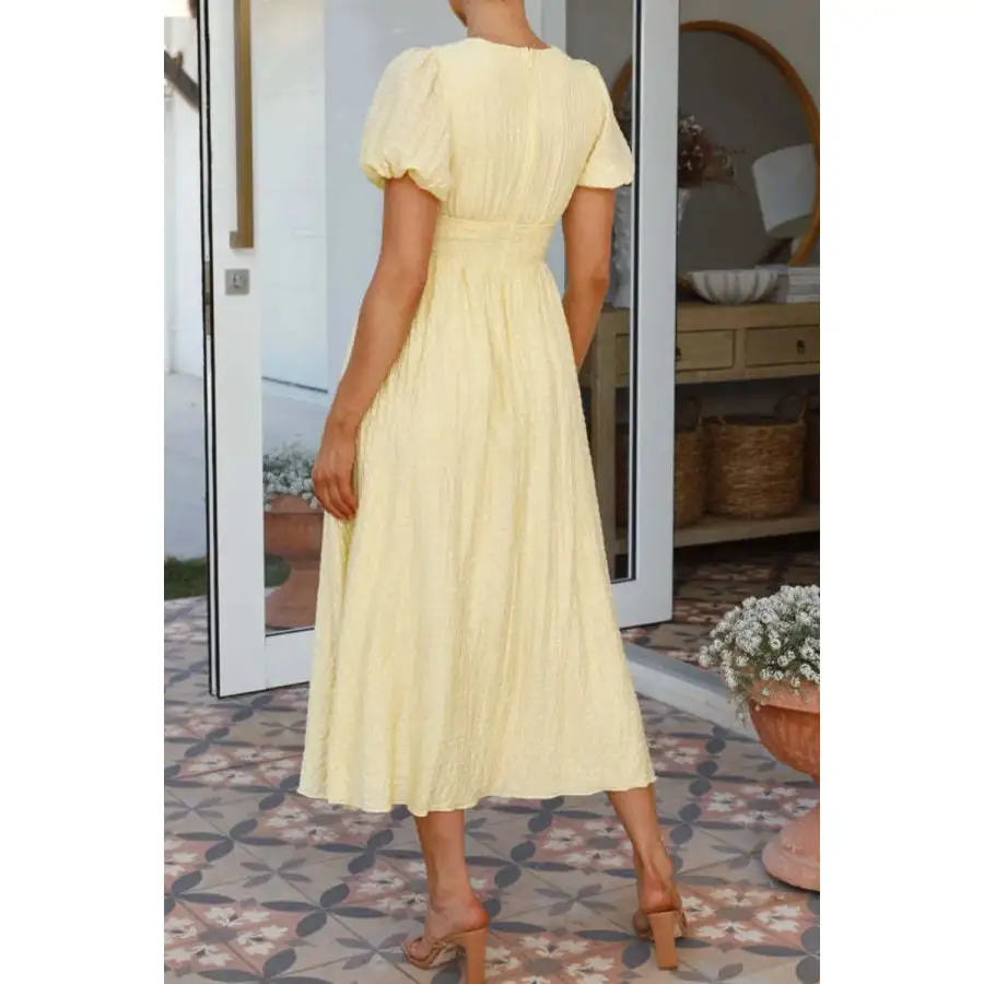 V-Neck Puff Short Sleeve Midi Dress