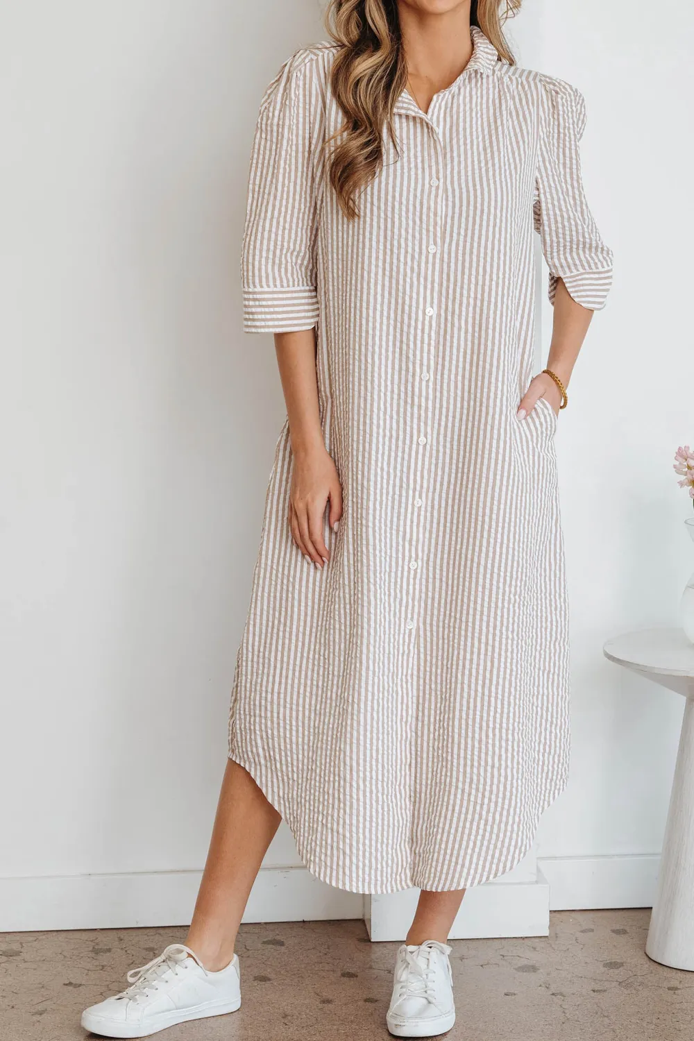 Stripe Frilled Collar Half Sleeve Shirt Maxi Dress