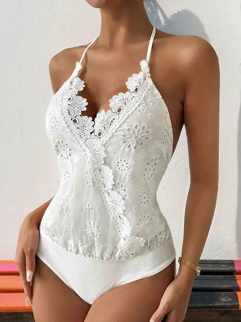 Polyester-Blend Lace Textured Halter-Neck Halter Bodysuit
