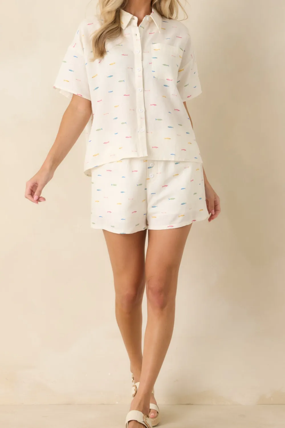 Multicolor Cotton Linen Fish Print Shorts
