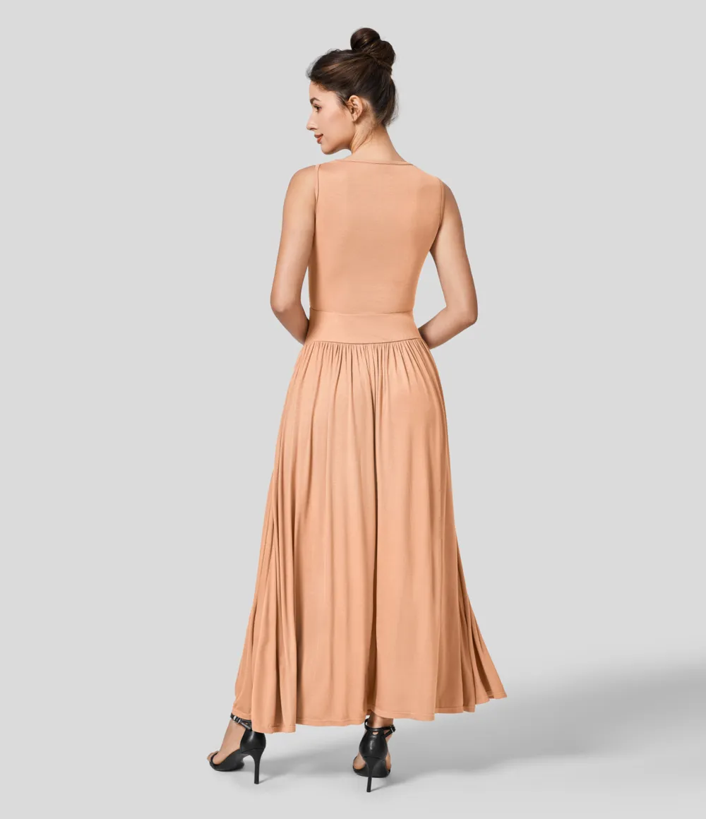 Ribbed Boat Neck Ruched Side Pocket Flowy Maxi Casual Dress