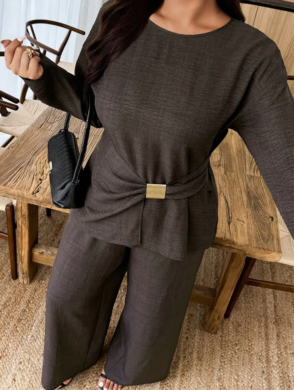 Fitted Round Neck Top and Wide Leg Pants Suit