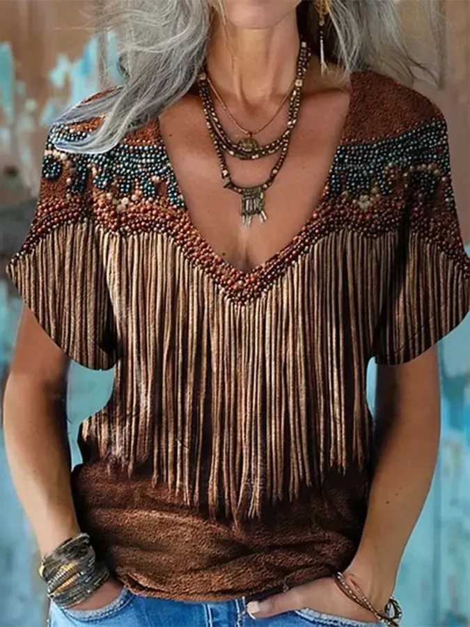 Women'S Retro Ethnic Western Printed V-Neck T-Shirt