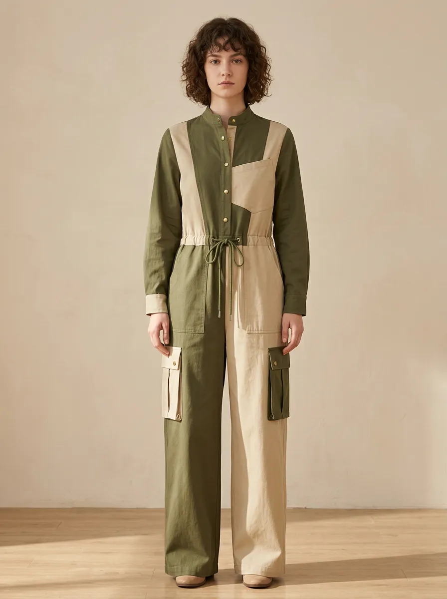 Women's Casual Utility Two-Tone Colorblock Cargo Jumpsuit