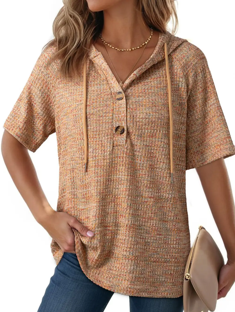 Waffle V-Neck Hooded Short Sleeve Top