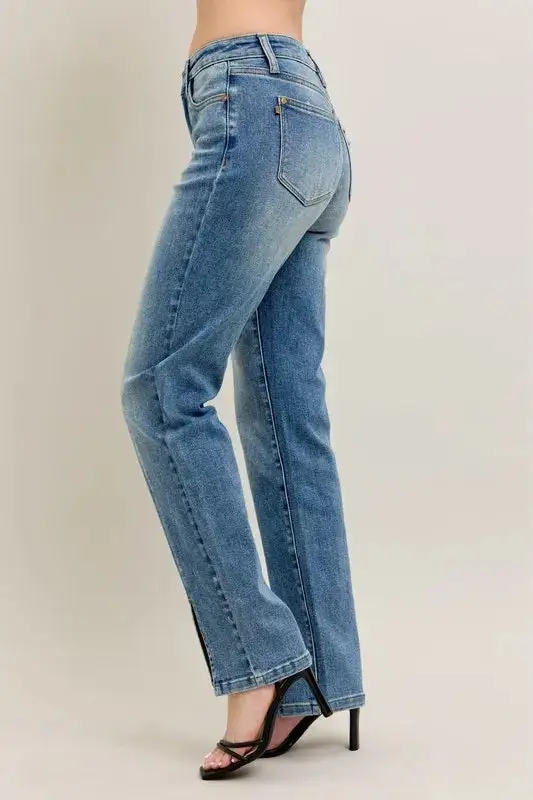 High-Waist Distressed Vintage-Wash Front-Seam Straight Leg Jeans
