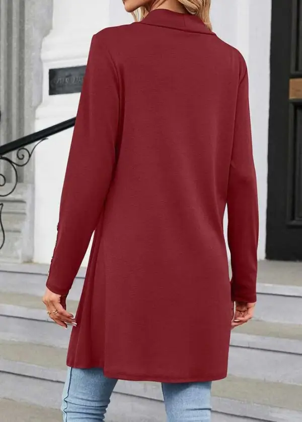 Wine Red Button Long Sleeve V Neck Coat