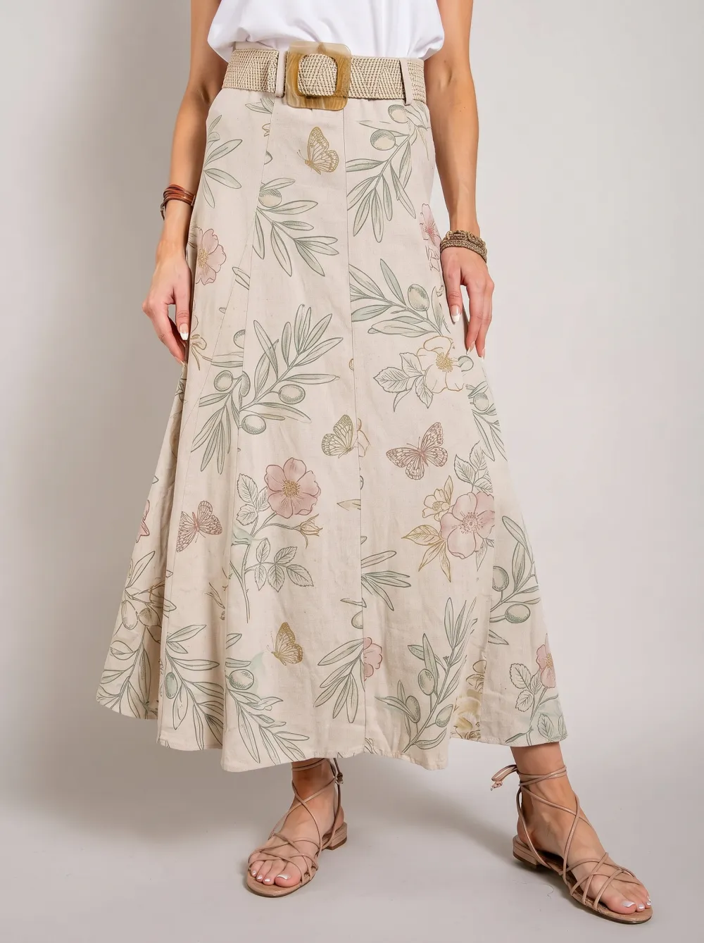 Women's Botanical Butterfly Olive Branch Printed Midi Skirt
