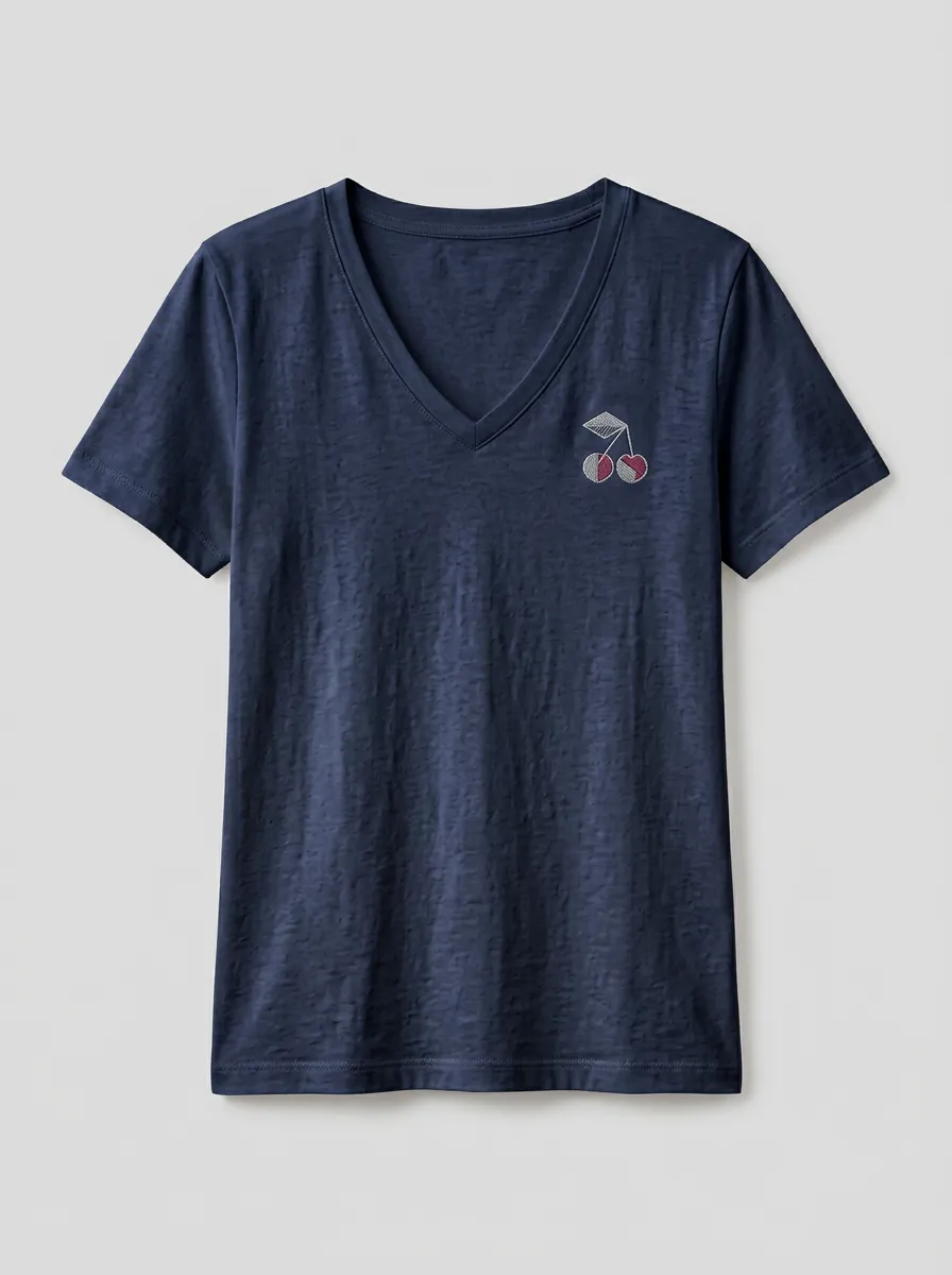 Women's Cherry-Embroidered Left-Chest V-Neck T-Shirt