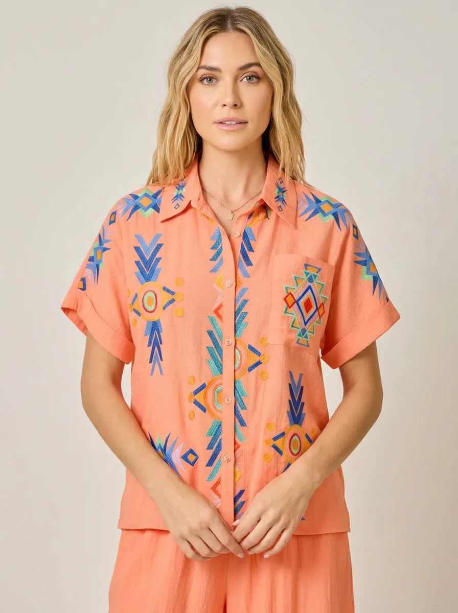 Women's Boho Style Geometric Pattern Embroidered Button-Up Shirt