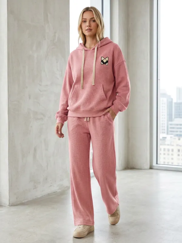 Women's Olive Waffle Knit M-Logo Printed Hoodie Sweatpants Set