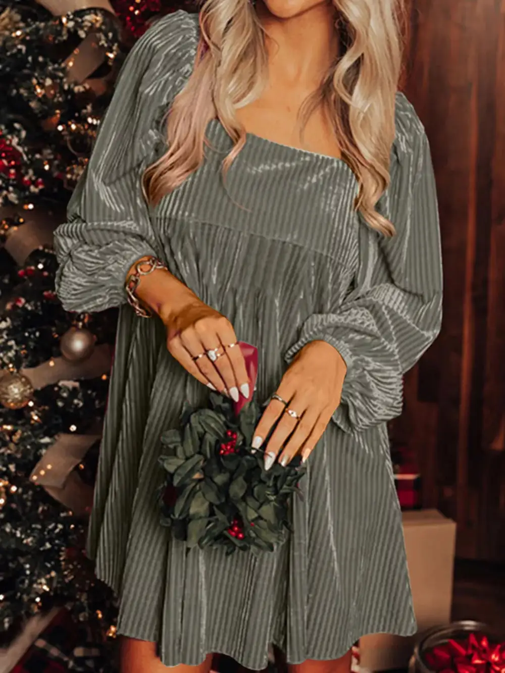 Velvet Square Neck Dress Casual