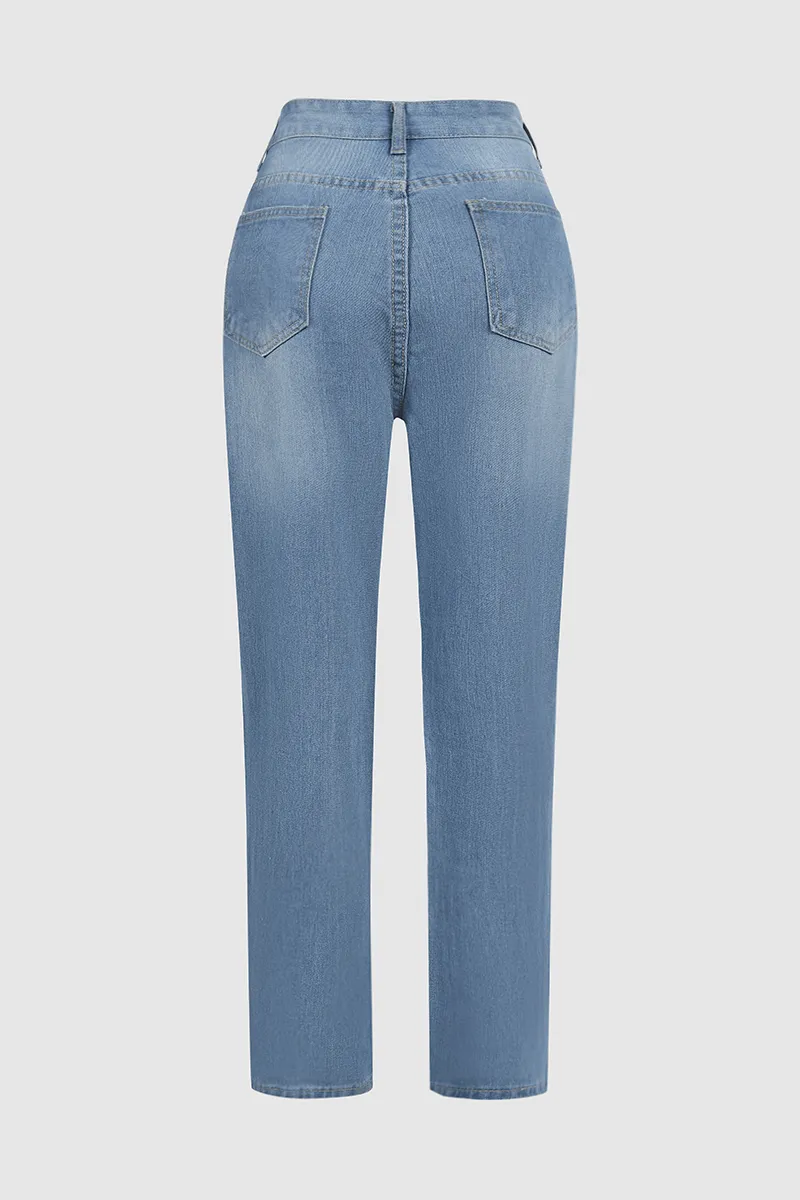 Distressed Mid Waist Straight Leg Jeans