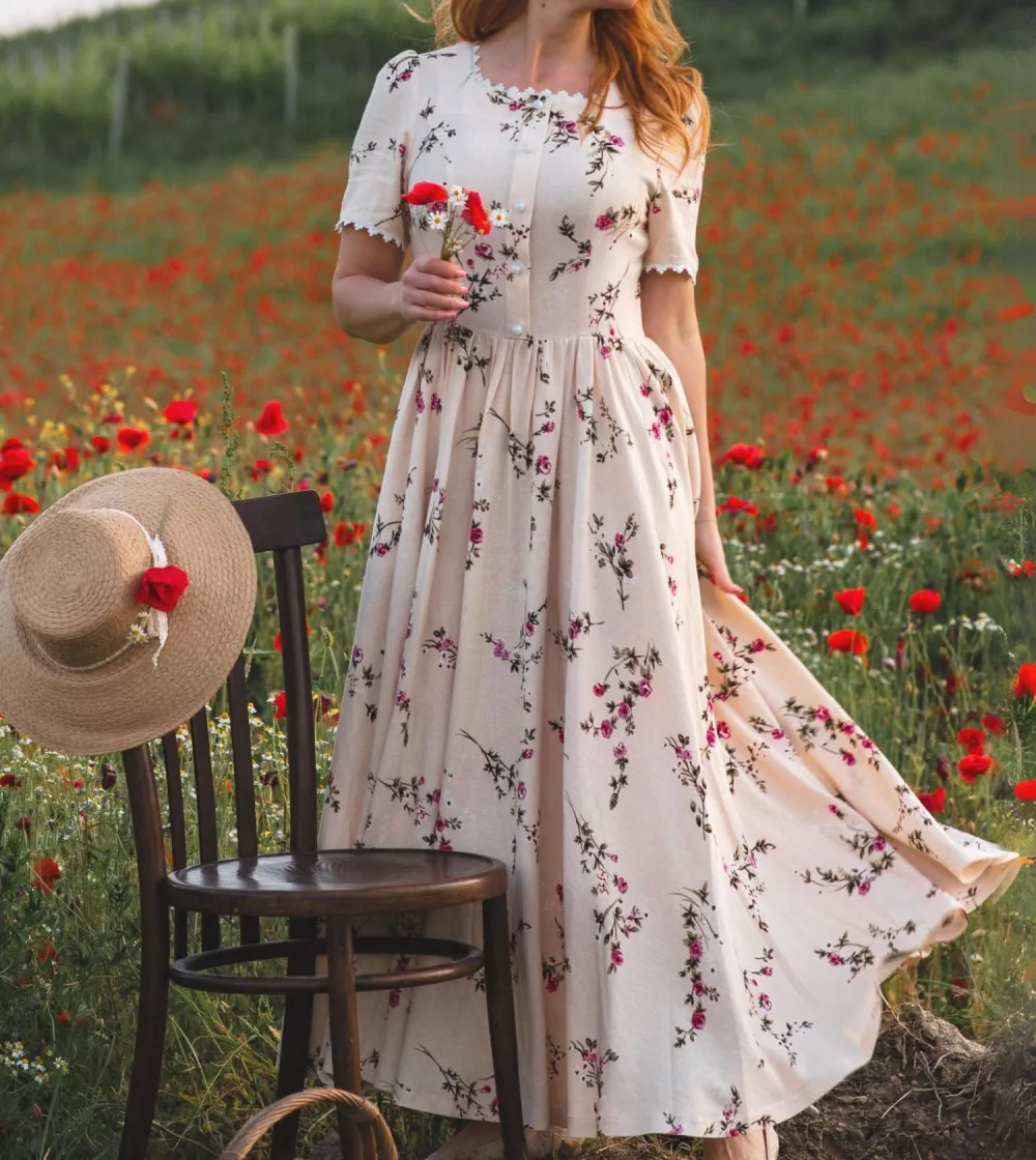 Classic Floral Linen Cotton Short Sleeve Maxi Dress