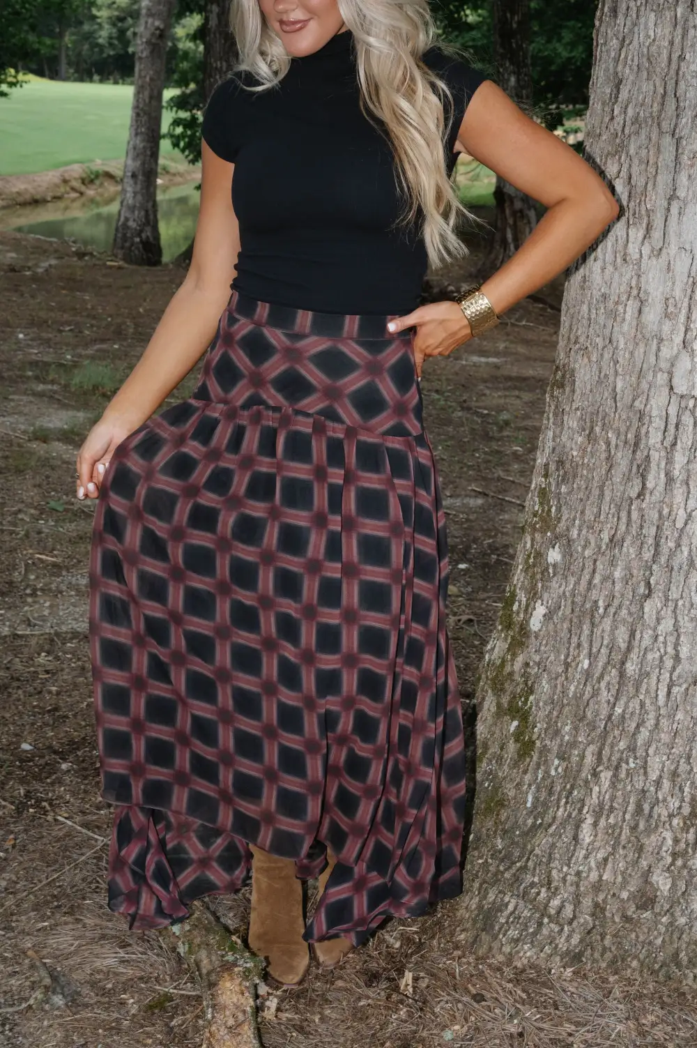 Plaid Chiffon High Rise Maxi Skirt