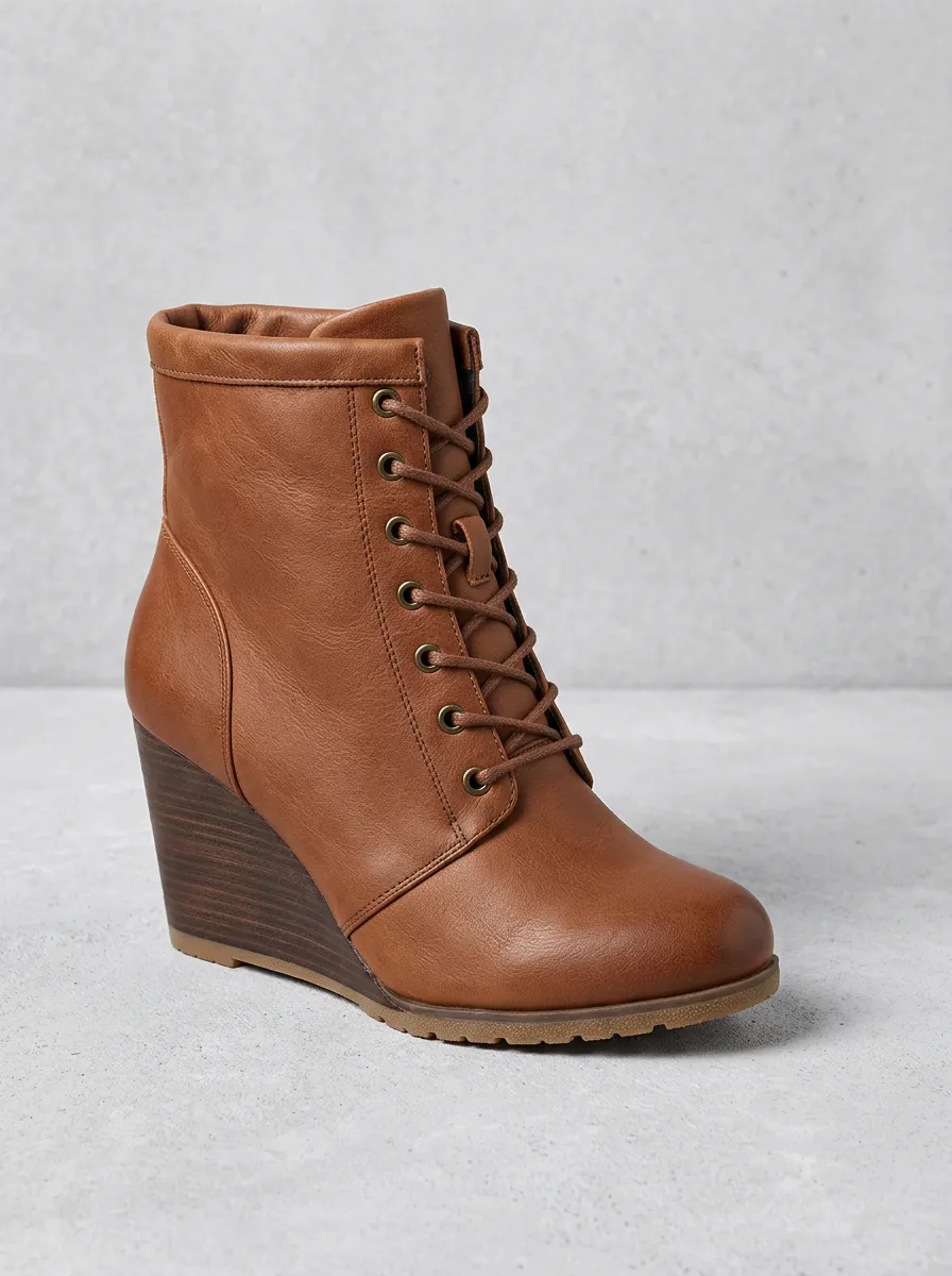 Lace-Up Leather-Look Women's Wedge Ankle Boots
