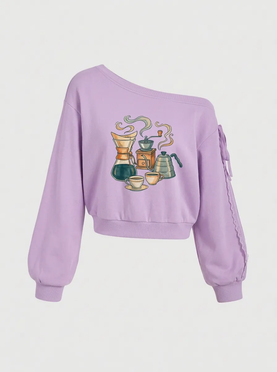 Women's Coffee Pour Over Kettle Graphic Off-Shoulder Sweatshirt