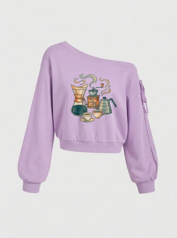 Women's Coffee Pour Over Kettle Graphic Off-Shoulder Sweatshirt