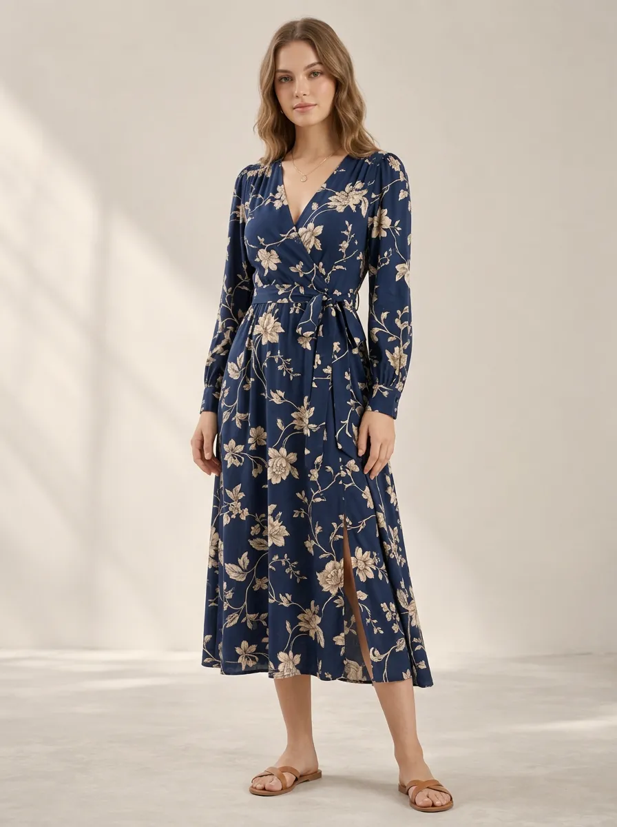 Women's Refined Floral Wrap Printed Midi Dress
