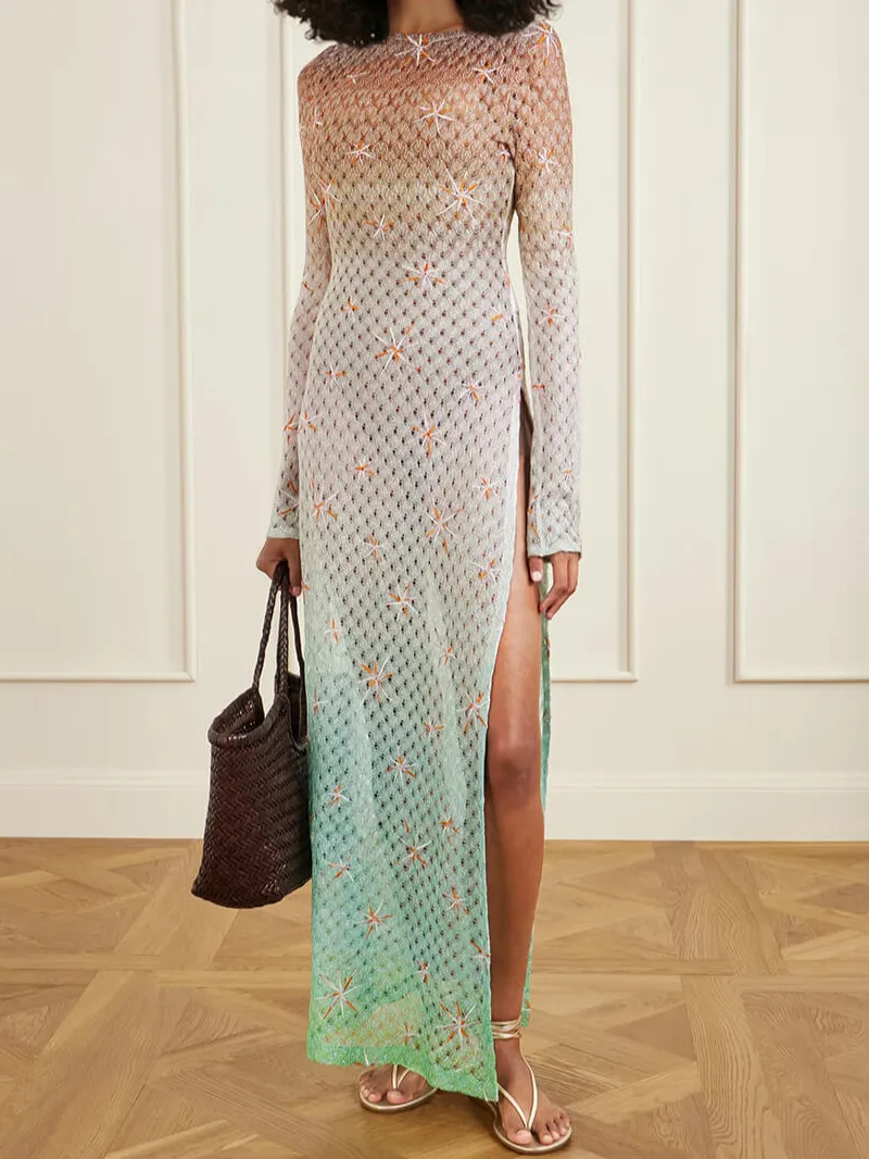 Backless Gradient Embroidered Metal Maxi Dress