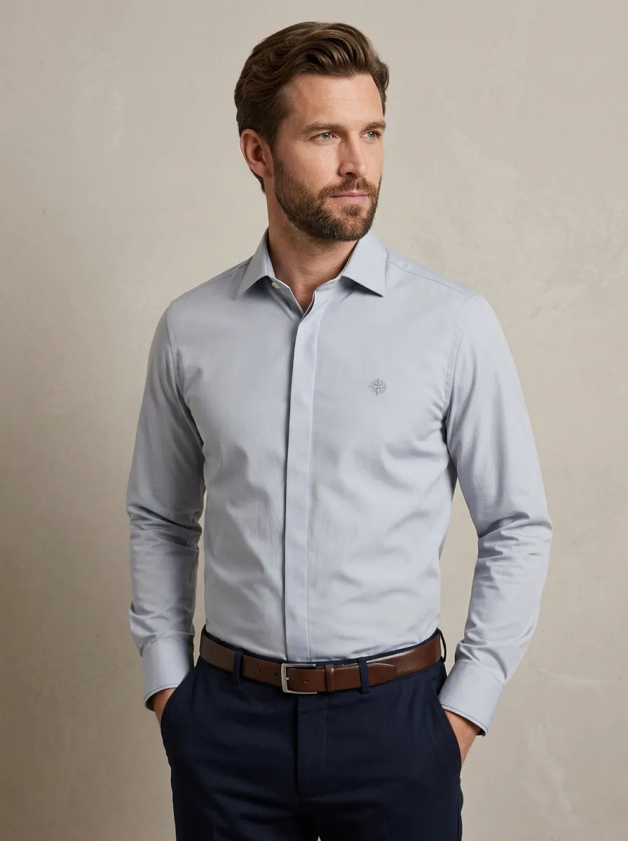 Men's Non-Iron Cotton Compass Logo Embroidered Dress Shirt