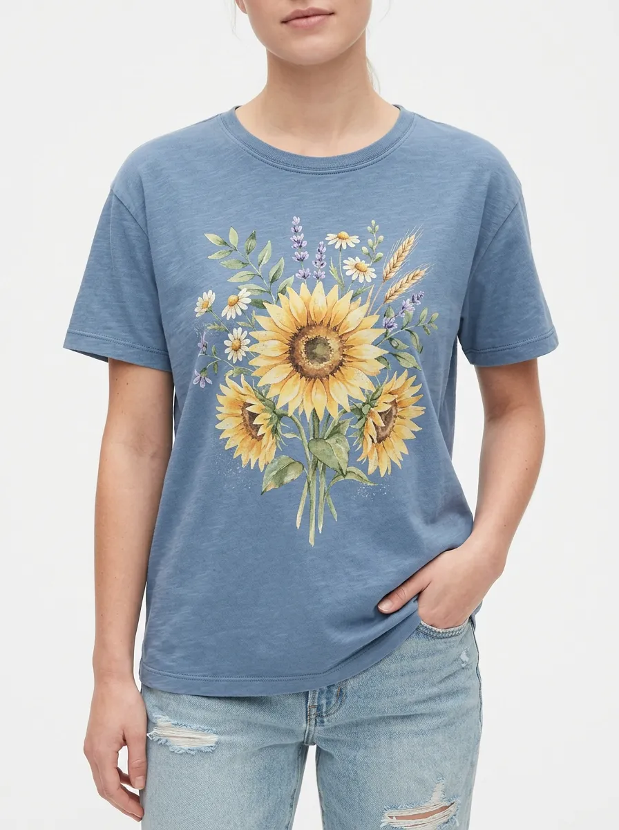 Women's Sunflower Daisy Lavender Bouquet Printed T-shirt