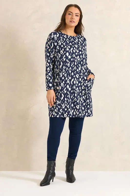 Navy Blue Animal Print Front Pocket Tunic Top