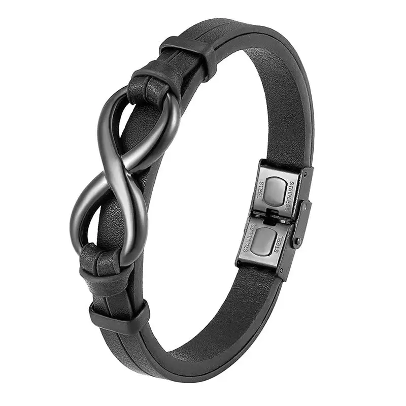 Infinitely Design Titanium Steel Single Layer Leather Bracelet