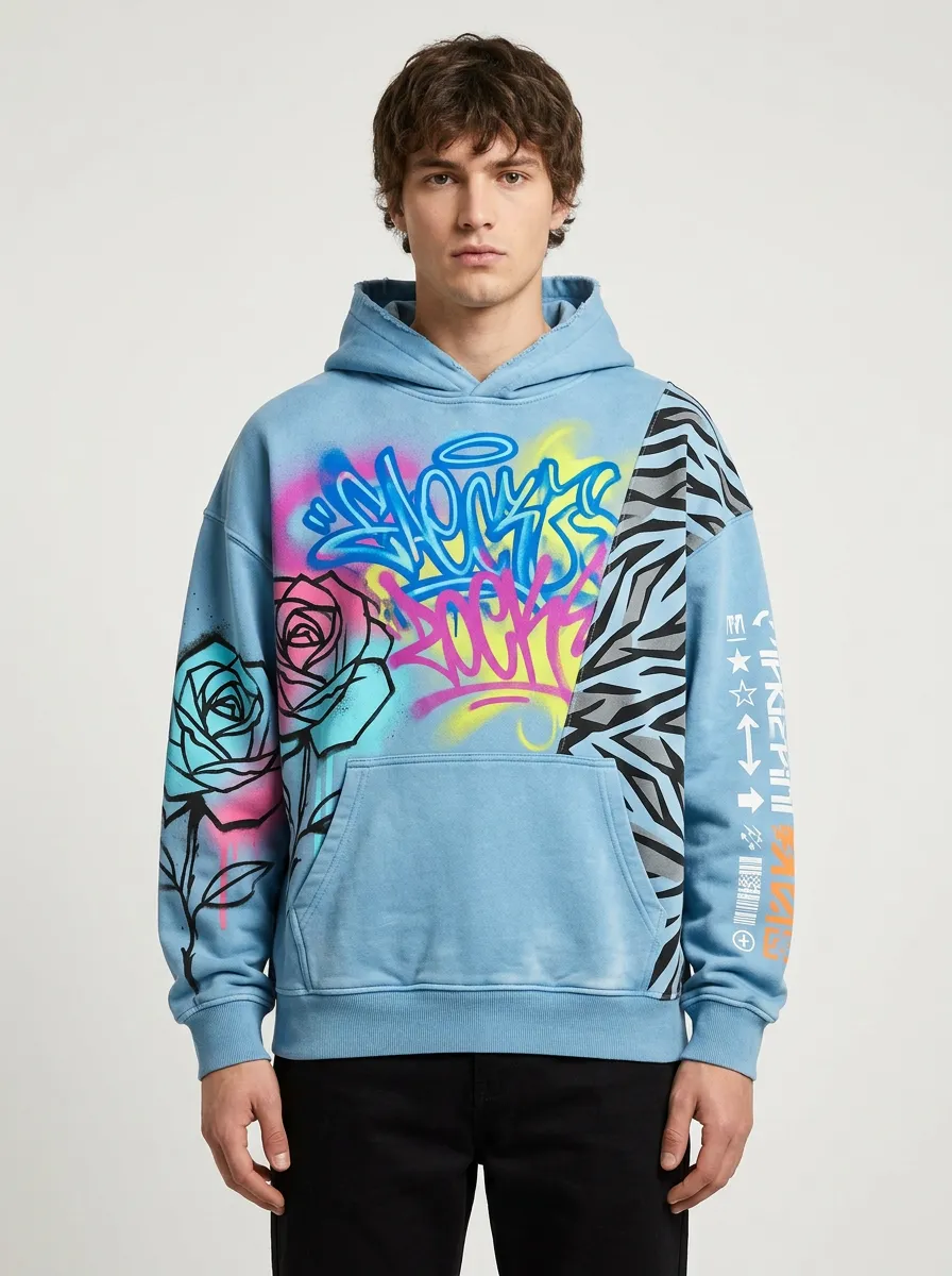Men's Streetwear Graffiti Rose Zebra Pattern Graphic Hoodie