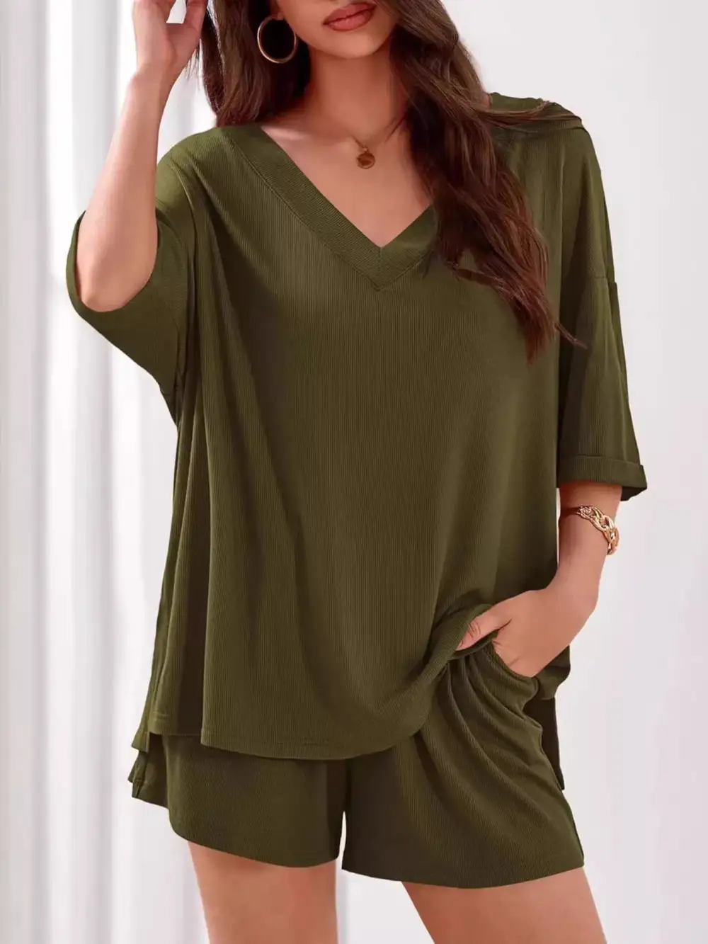 Casual Solid Color V Neck Top and Shorts Set