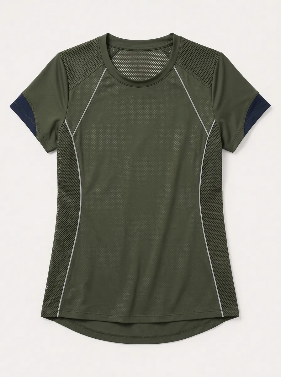 Women's Athletic Fitness Olive Green Mesh Paneled Sport Top