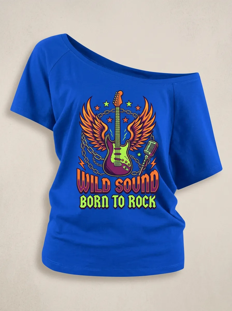 Women's Rock Music Lover Winged Guitar Microphone Printed Off-Shoulder Top