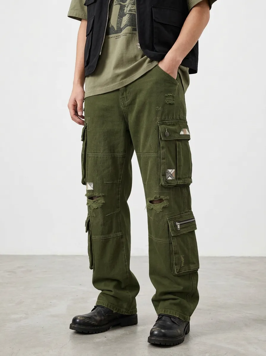 Men's Atlas Streetwear Distressed Denim Multi-Pocket Cargo Jeans
