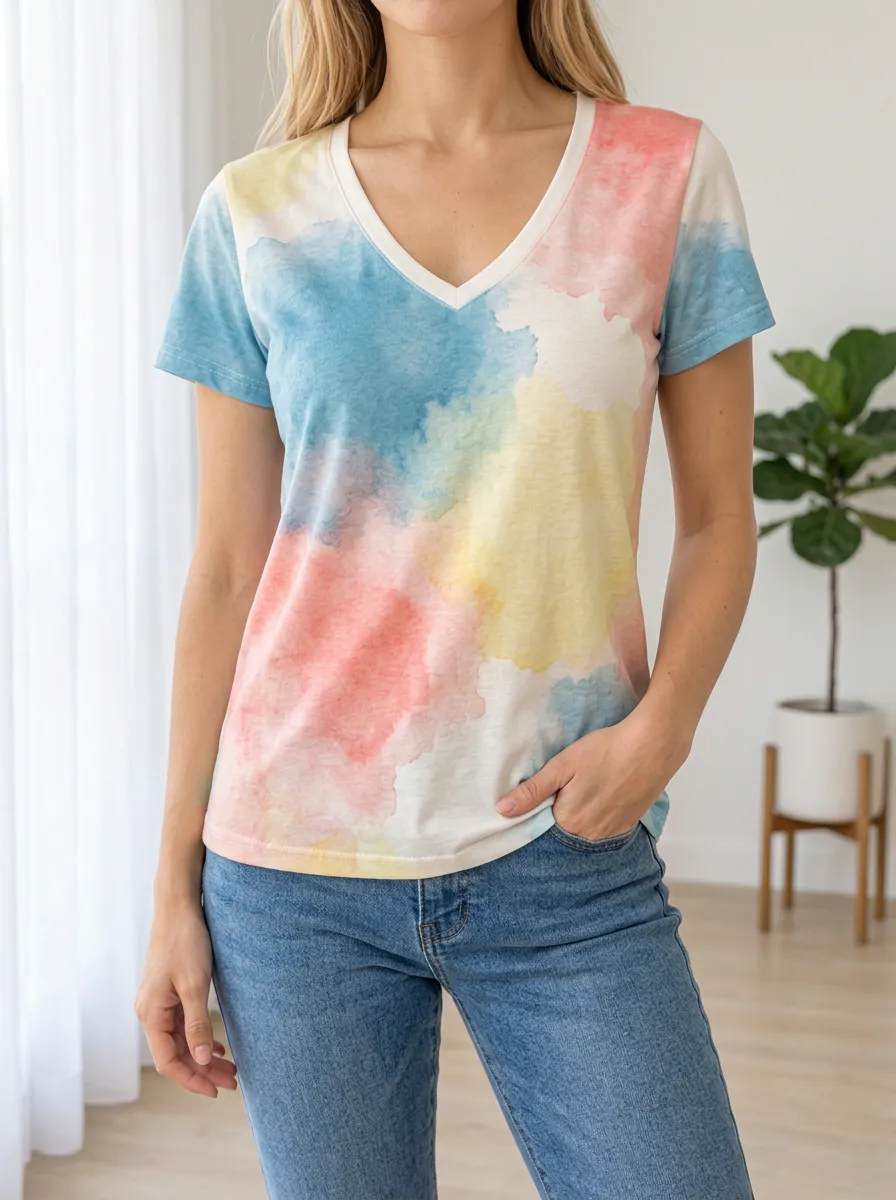 Women's Watercolor Pastel Tie-Dye Printed V-Neck T-Shirt