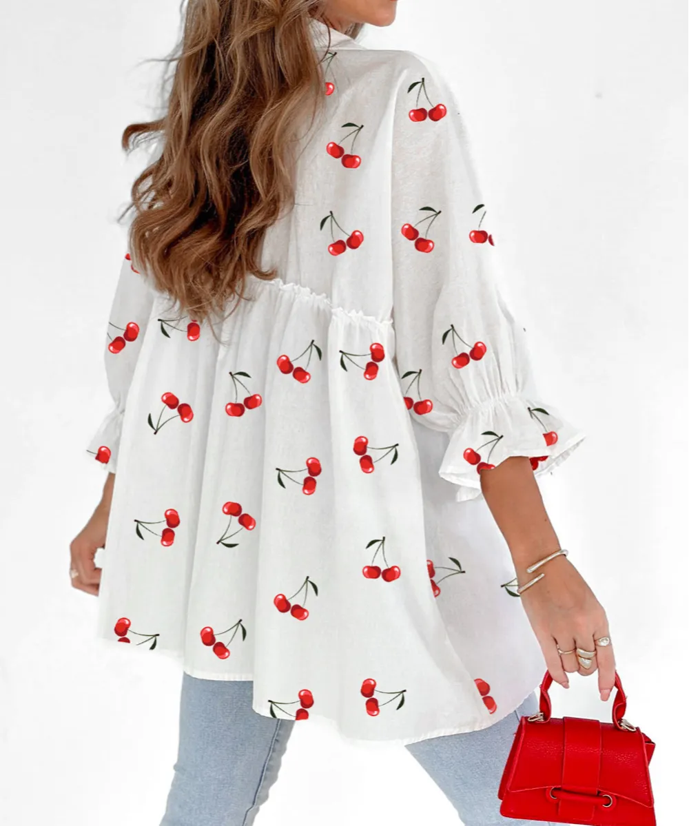 White Cherry Print Flounce Sleeve Collared Frilled Babydoll Blouse