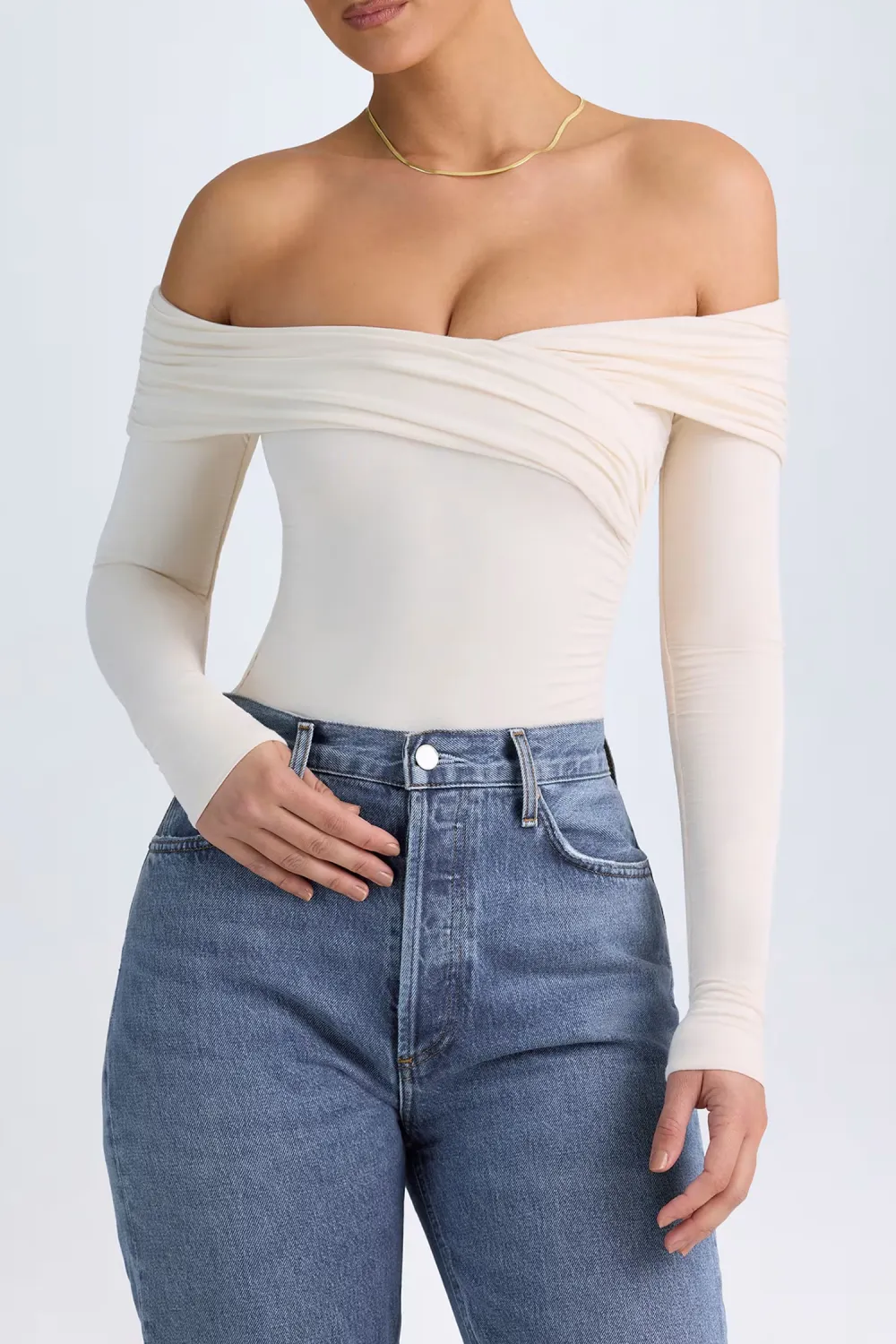 Long Sleeve Off Shoulder Ruffled Women's Fitted Bodysuit