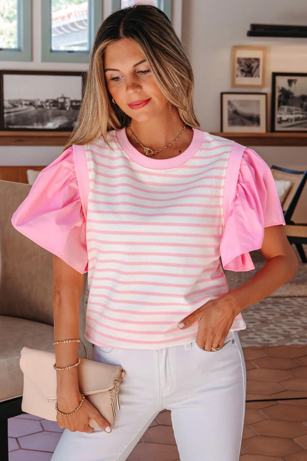 Pink Stripe Ruffled Short Sleeve Blouse