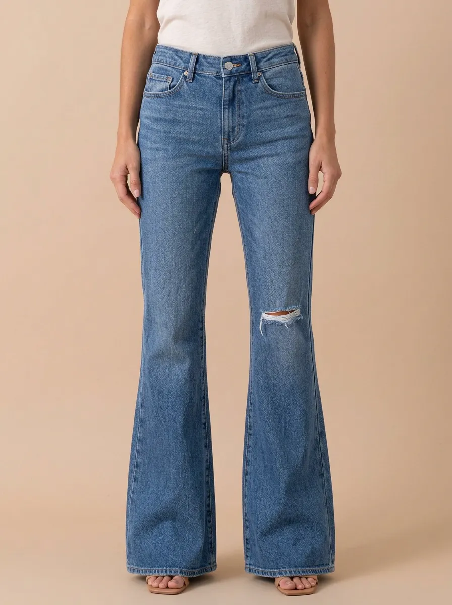 Women's Mid-Rise Left-Knee Distressed Full-Length Flare Jeans