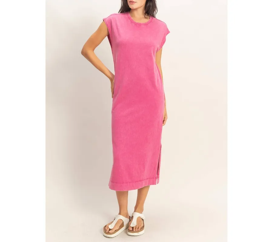 Chocolate Mineral-Wash Cap Sleeve Midi Dress
