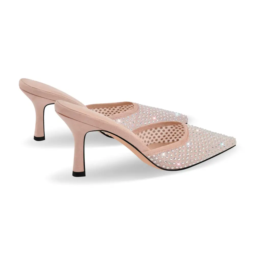 Rhinestone Pointed Toe Stiletto Slip On Heeled Mules